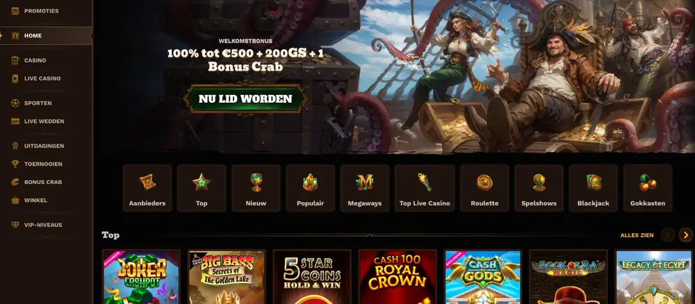 FatPirate Casino - Ontvang een welkomstbonus en beleef een uniek piratenthema. FatPirate Casino - Welkomstbonus en piratenthema-interface.